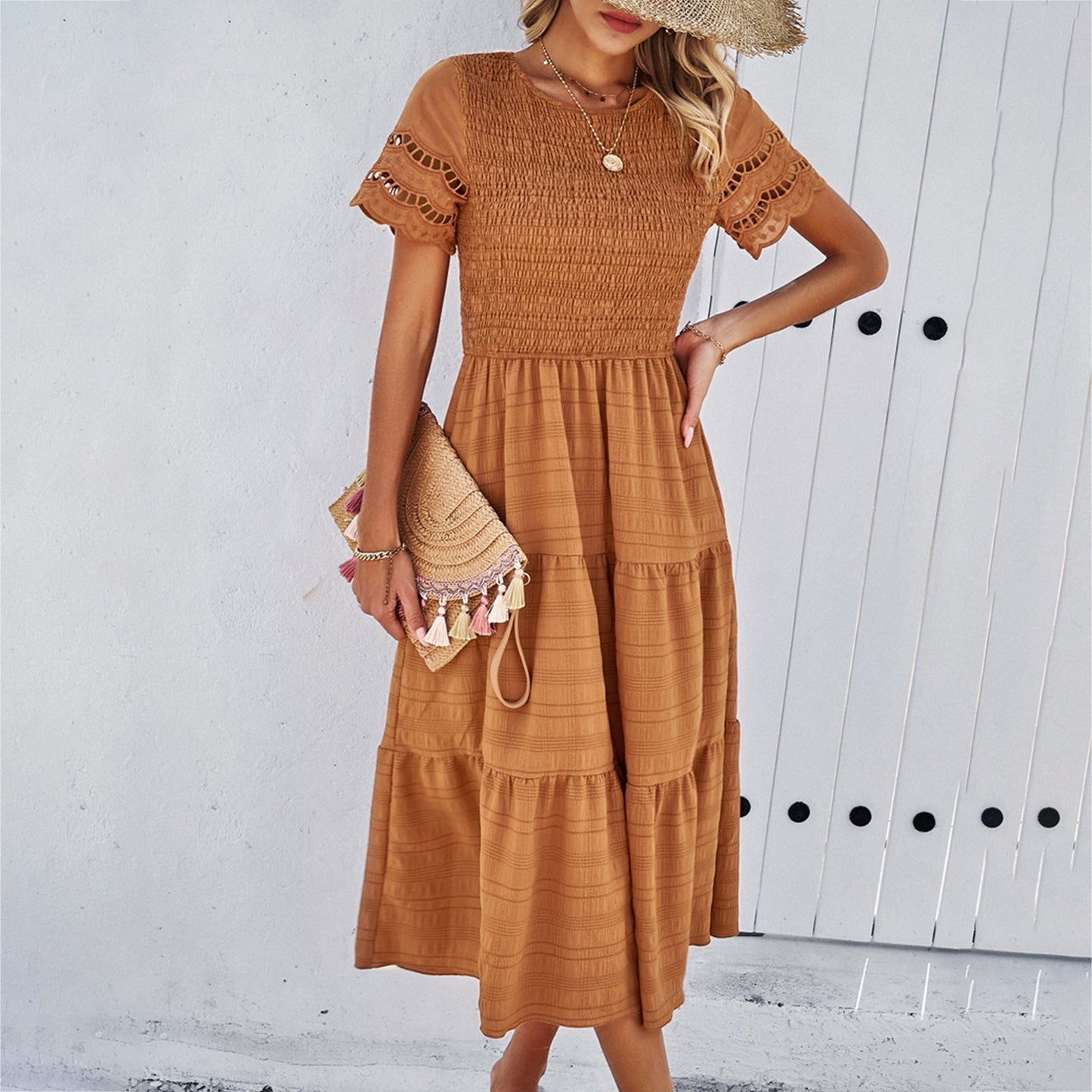 Women's Smocked Midi Dress with Tiered Skirt and Lace Sleeves