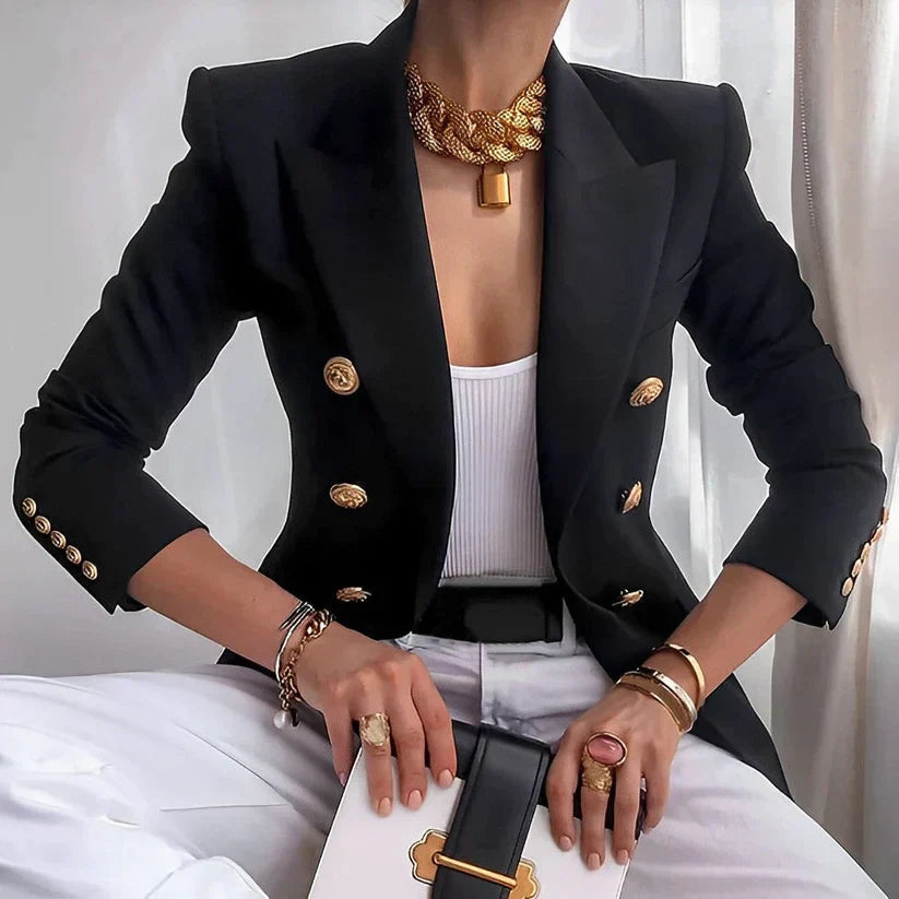 Women's Double-Breasted Black Blazer with Gold Buttons