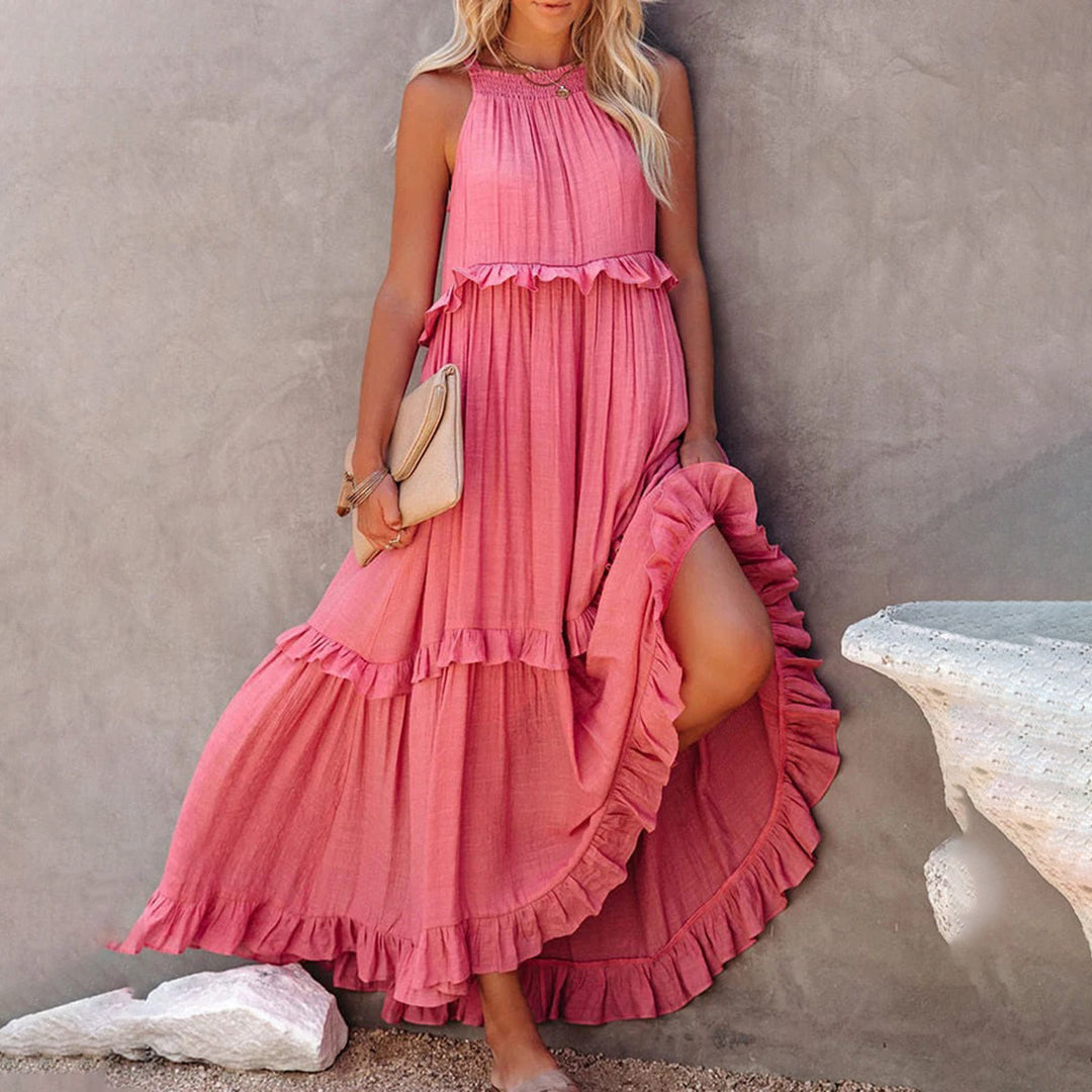 Women's Ruffled Halter Neck Maxi Dress with Layered Hemline