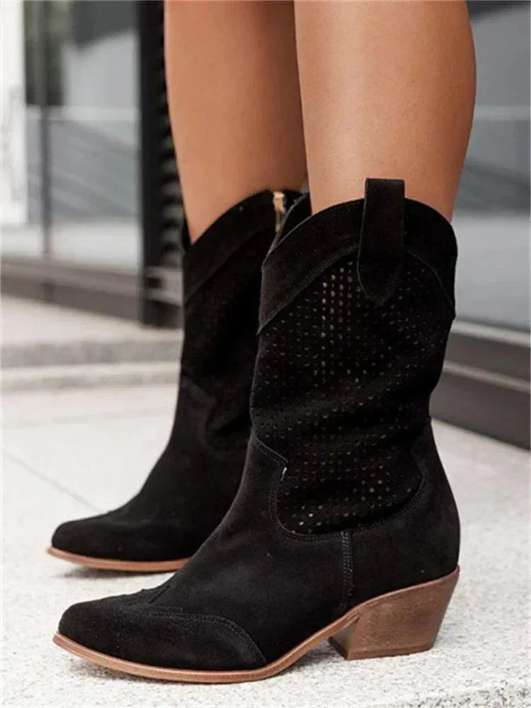 Women's Mid-Calf Western Boots with Perforated Design and Low Block Heel