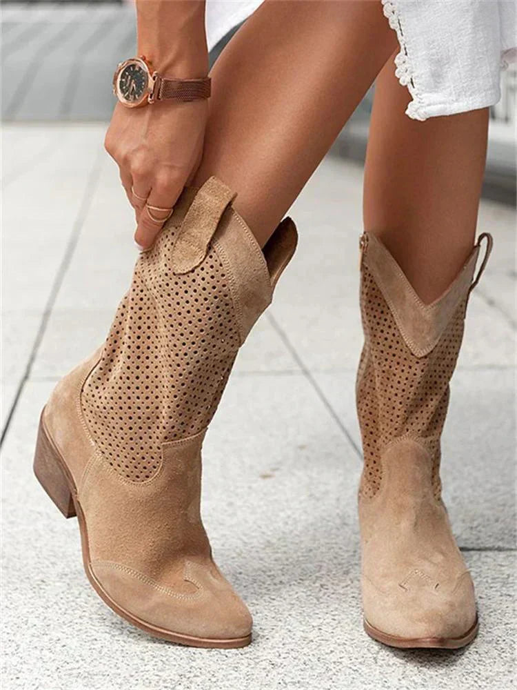 Women's Mid-Calf Western Boots with Perforated Design and Low Block Heel