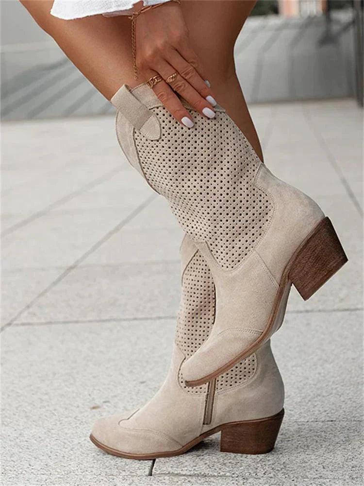 Women's Mid-Calf Western Boots with Perforated Design and Low Block Heel