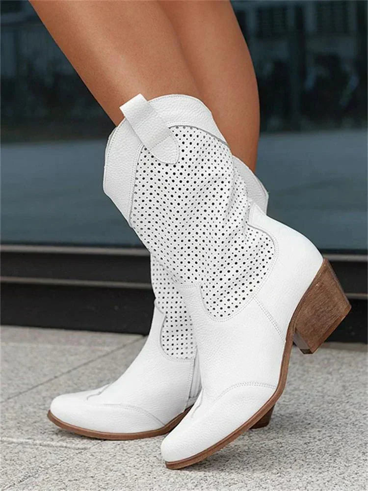 Women's Mid-Calf Western Boots with Perforated Design and Low Block Heel