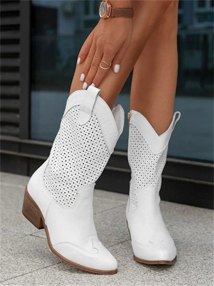 Women's Mid-Calf Western Boots with Perforated Design and Low Block Heel