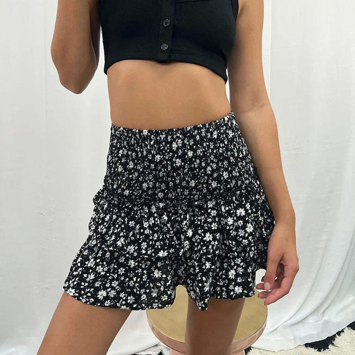 Women's Printed Mini Skirt with Smocked Waist and Ruffle Layers