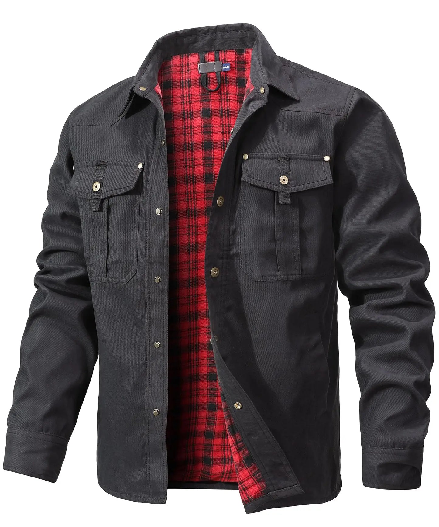 Men’s Western Overshirt Jacket with Plaid Lining and Flap Pockets