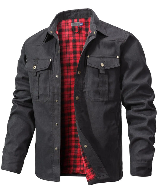 Men’s Western Overshirt Jacket with Plaid Lining and Flap Pockets