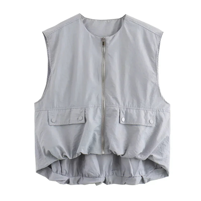 Women's Sleeveless Zip-Up Vest Jacket with Pleated Hem