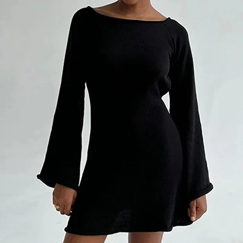 Women's Backless Knit Mini Dress with Bell Sleeves and Tie Back