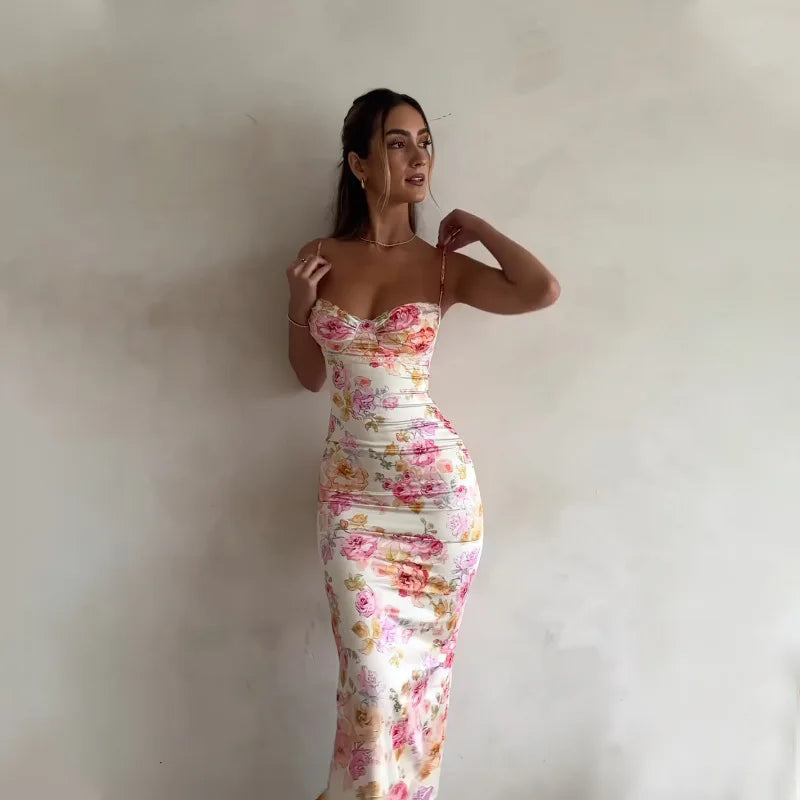 Women's Floral Spaghetti Strap Bodycon Maxi Dress