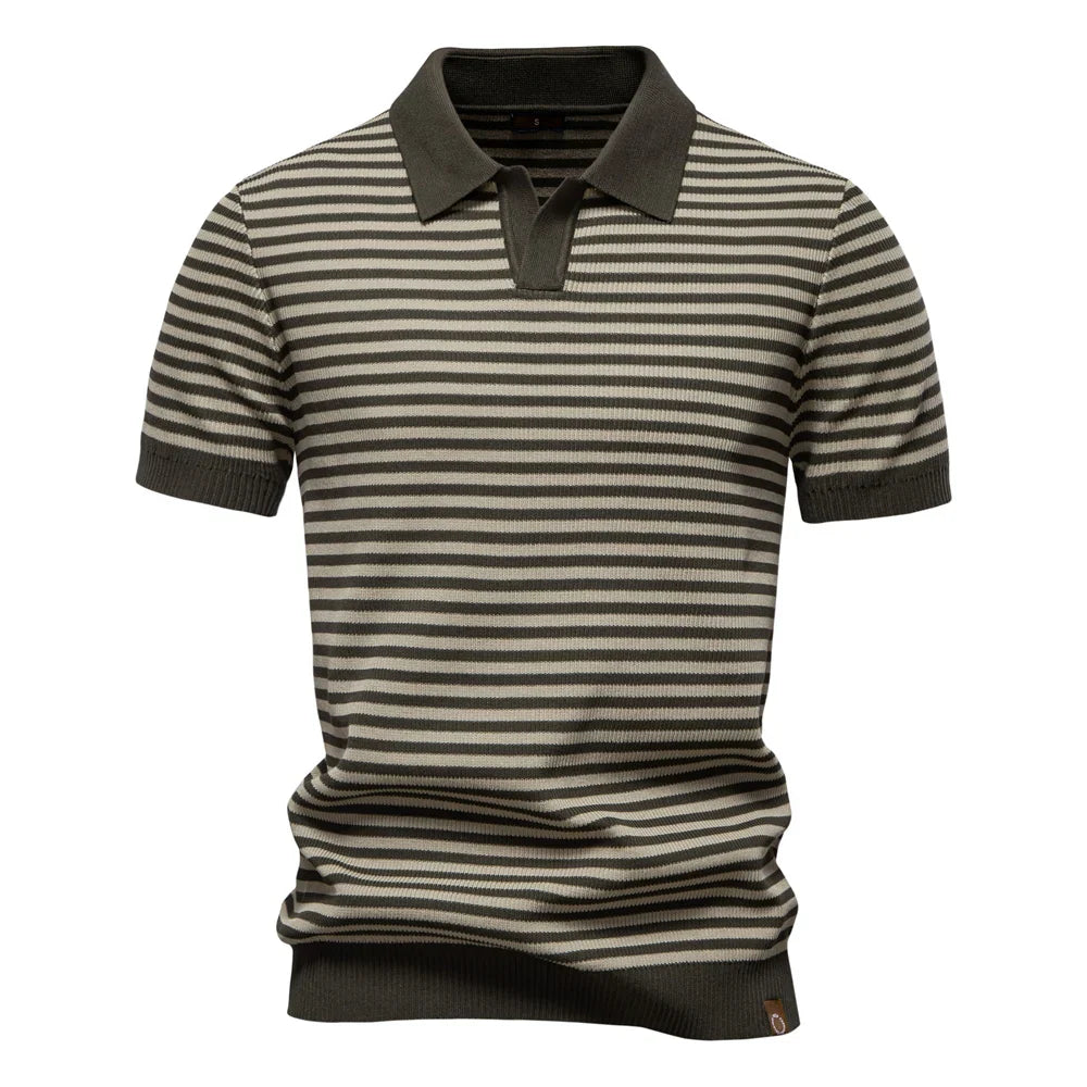 Men's Short Sleeve Striped Polo Shirt with Contrast Knit Design