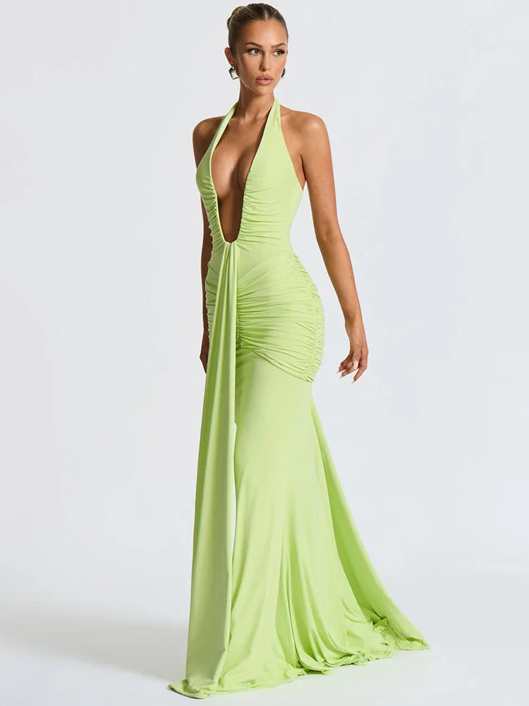 Women's Halter Maxi Dress with Deep V Neck and Draped Ruched Waist