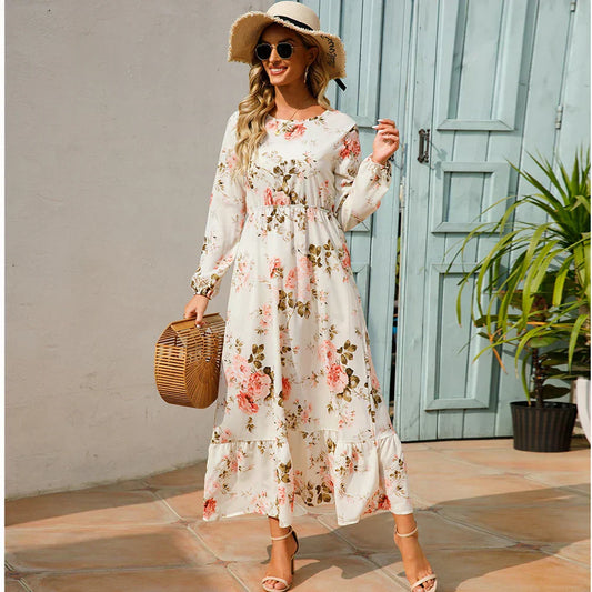 Women's Long Sleeve Maxi Dress with Floral Print and Cinched Waist