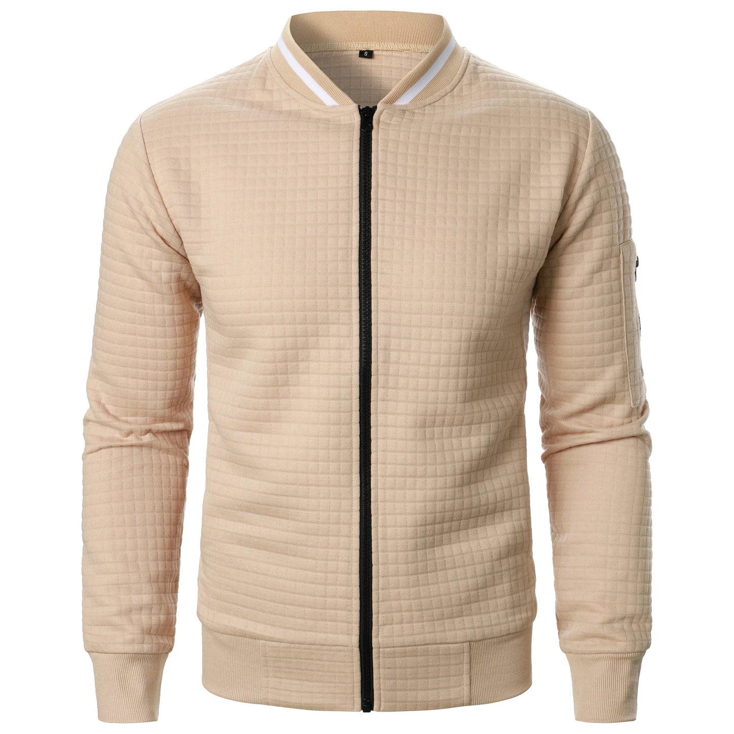 Men's Zip-Up Stand Collar Cardigan Jacket with Quilted Texture