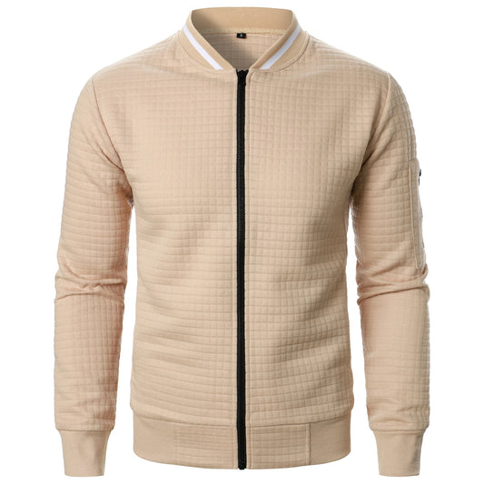 Men's Zip-Up Stand Collar Cardigan Jacket with Quilted Texture