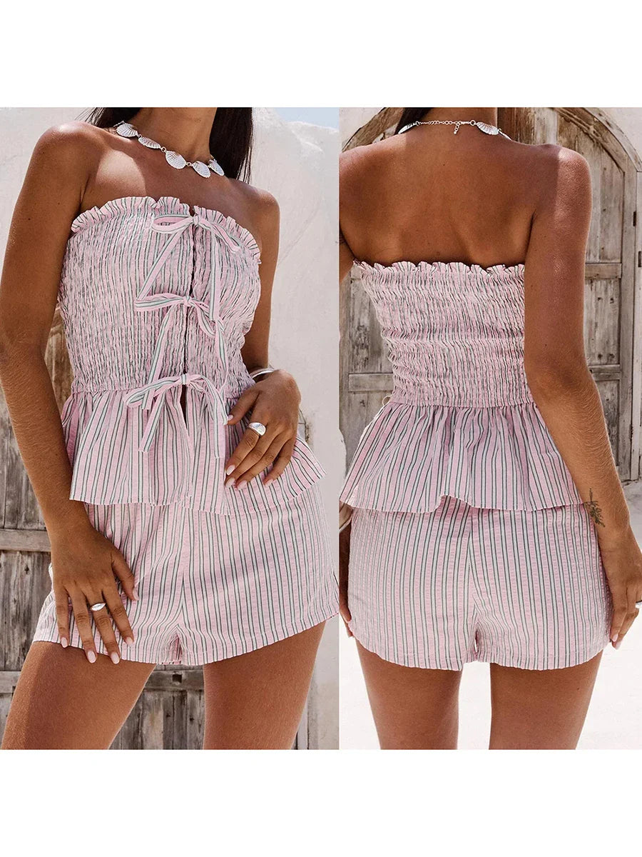 Women's Striped Two-Piece Set with Tie-Up Tube Top and Shorts