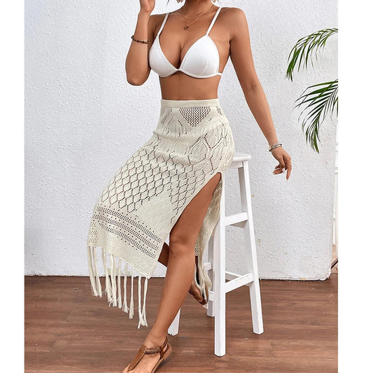 Women's Knitted High-Slit Skirt with Tassels Bikini Cover Up