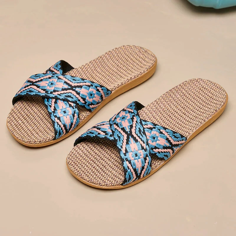Women's Crisscross Linen Slippers with Flat Sole and Grip