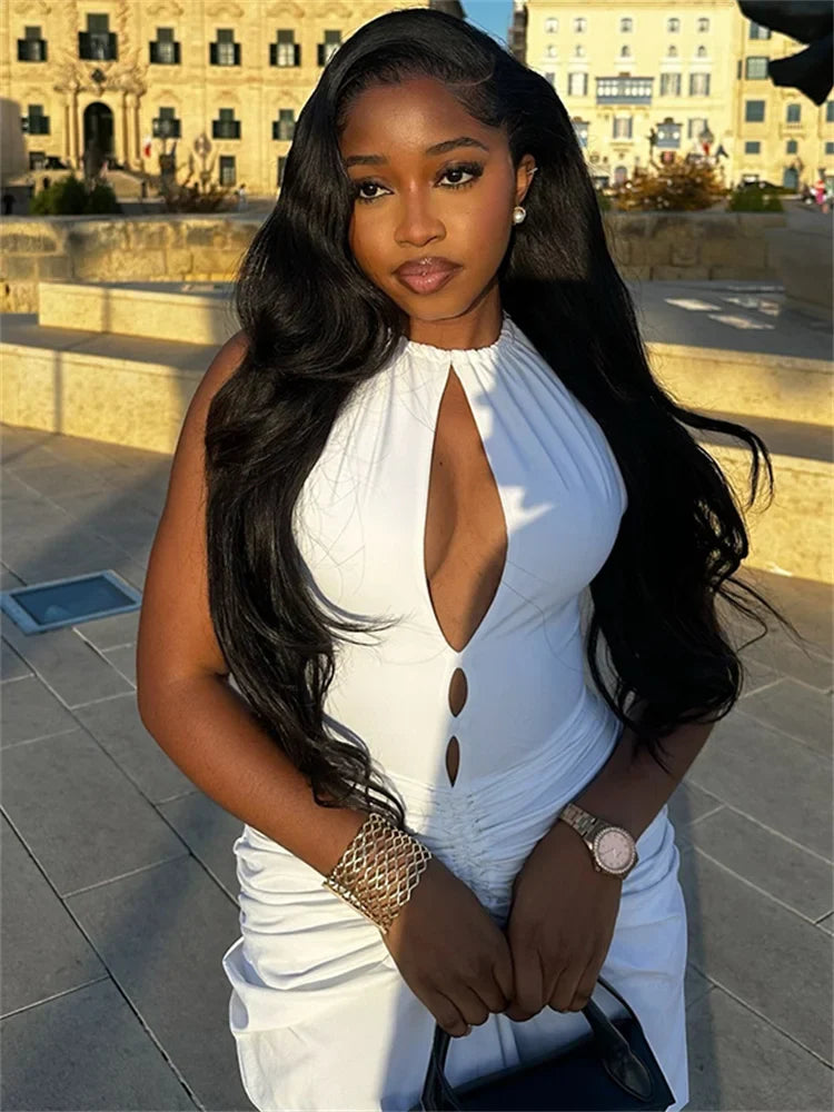 Women's Halter Maxi Dress with Cutout Front and Ruched Detail