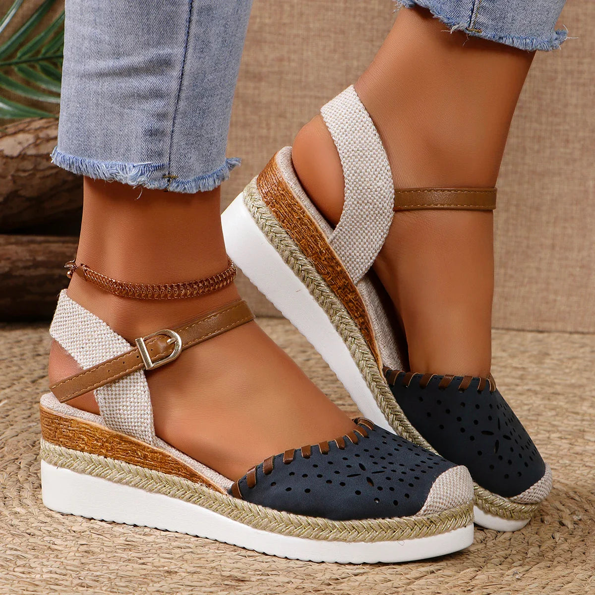 Women's Closed-Toe Espadrilles with Ankle Strap and Wedge Sole