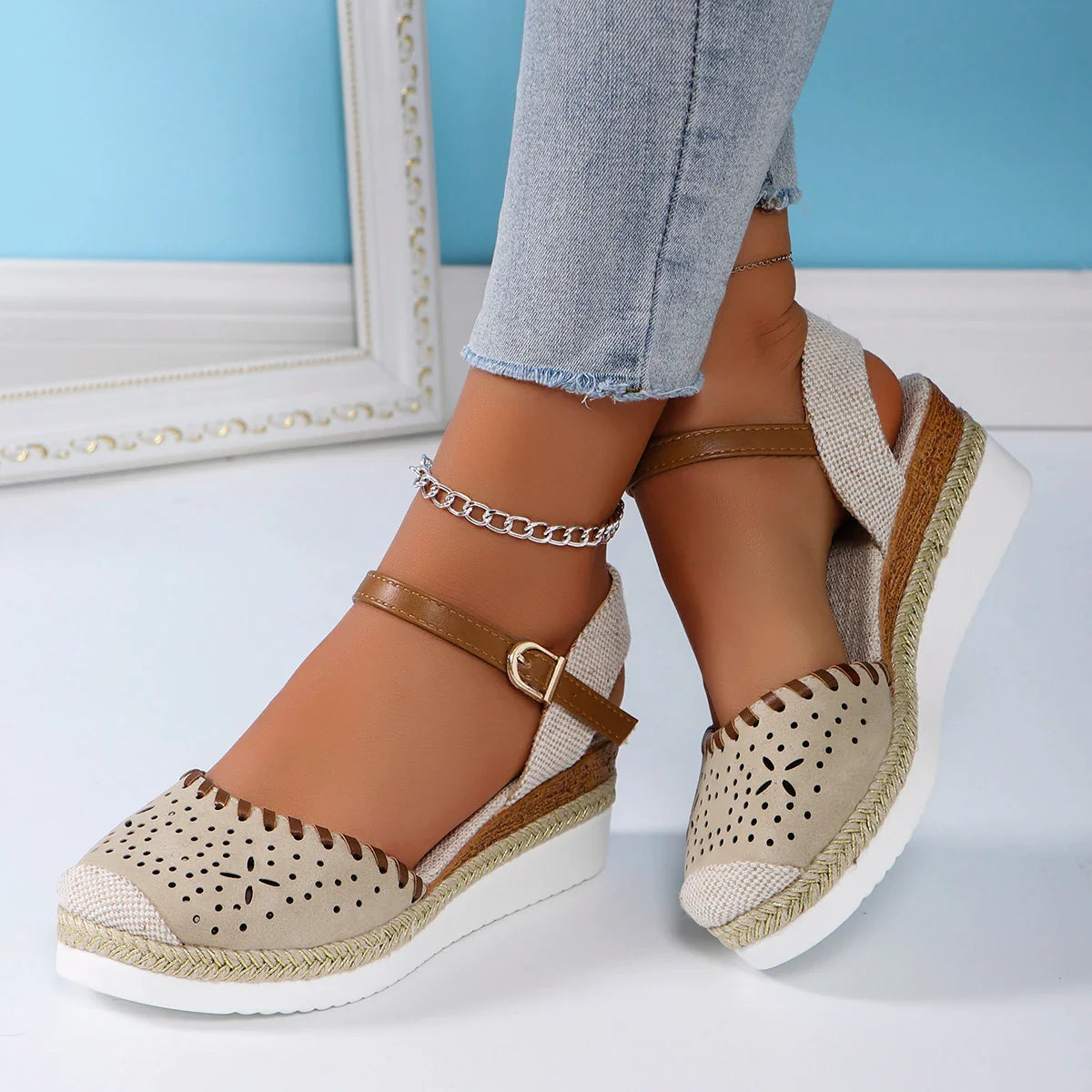 Women's Closed-Toe Espadrilles with Ankle Strap and Wedge Sole