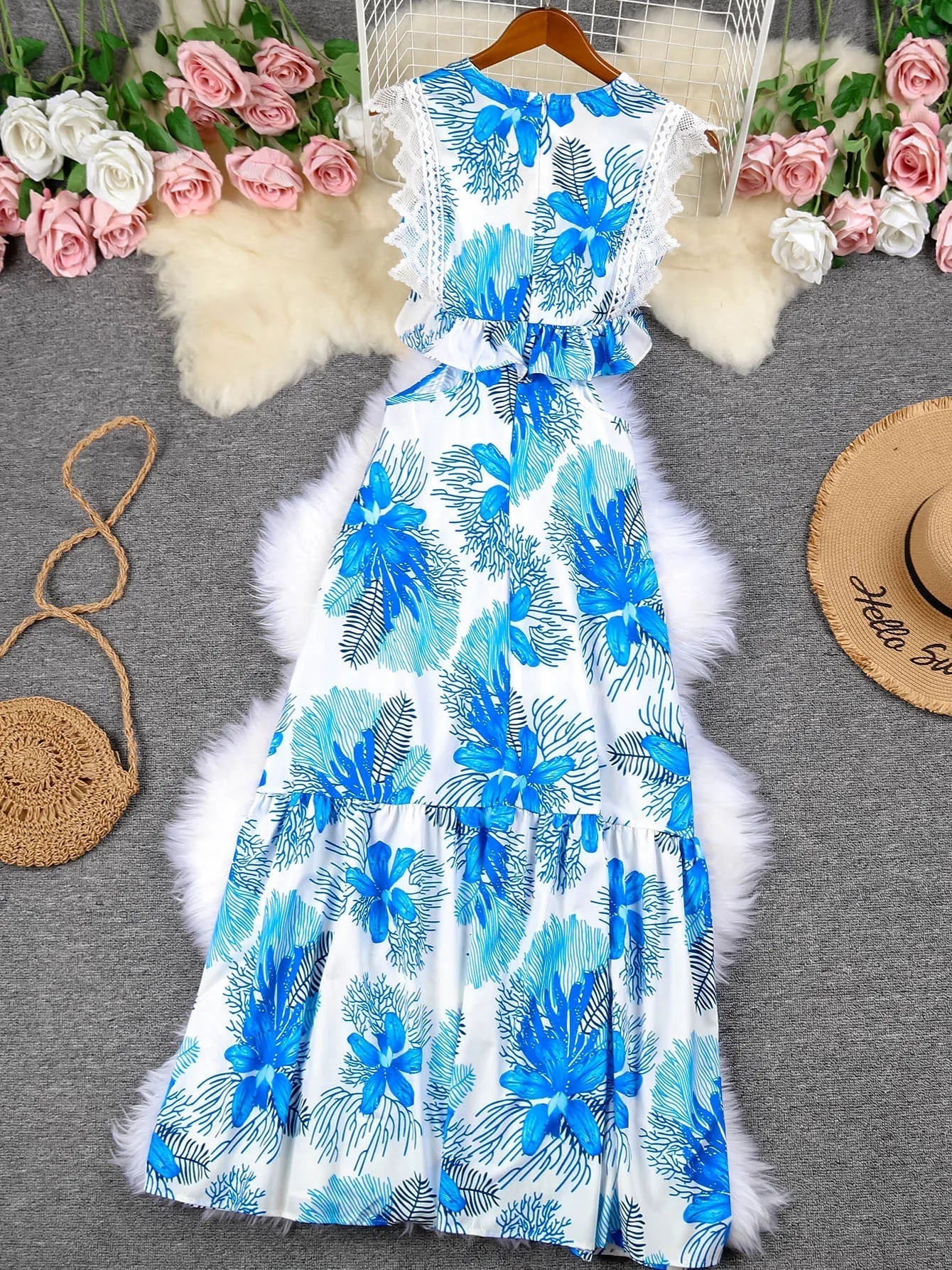 Women's Sleeveless Maxi Dress with Floral Print and Tiered Skirt