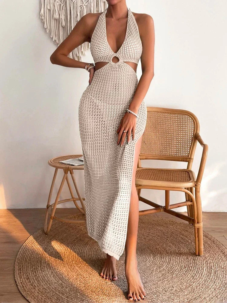 Women's Crochet Bikini Cover Up Maxi Dress with Side Cut-Out