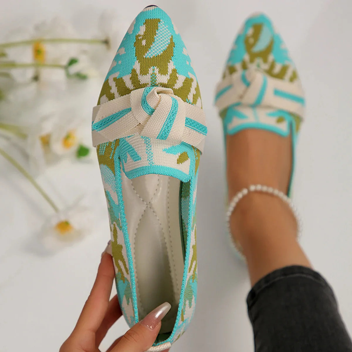 Women's Slip-On Pointed Toe Ballet Flats Shoes with Bow Detail