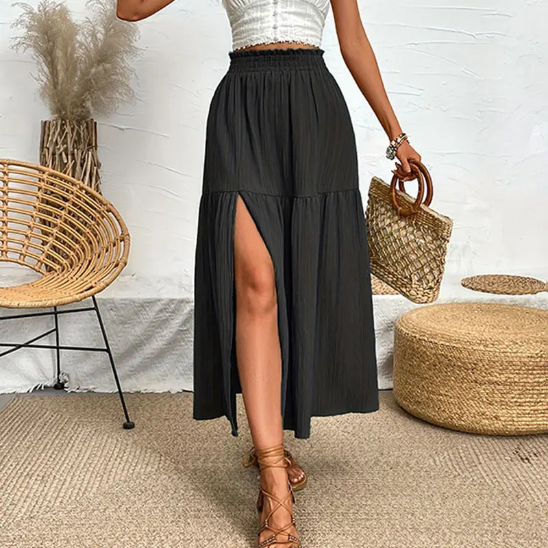 Women's High Waist A-Line Midi Skirt with Side Slit and Ruffle Hem