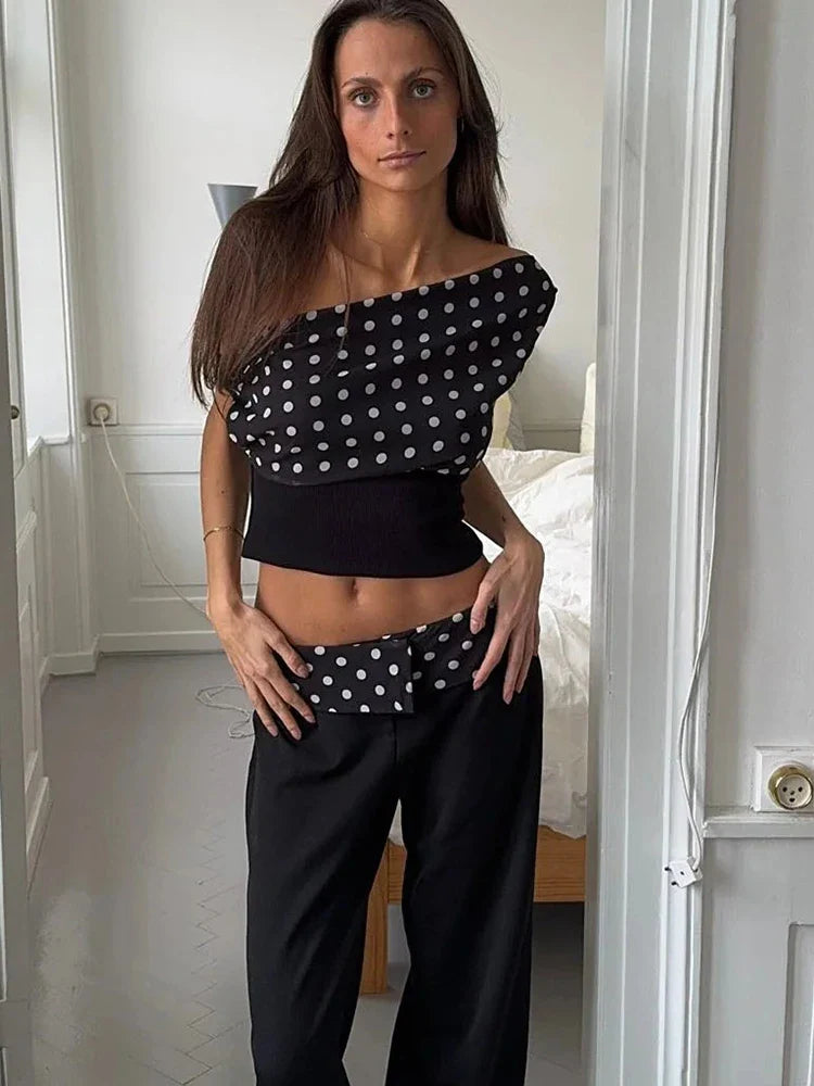 Women's One Shoulder Polka Dot Top with Cropped Fit and Stretch Hem