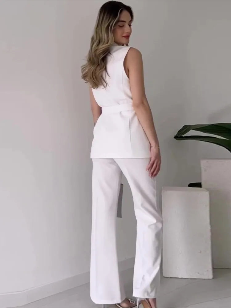 Women’s Sleeveless Two Piece Suit Set with Wrap V-Neck Top and Wide-Leg Trousers