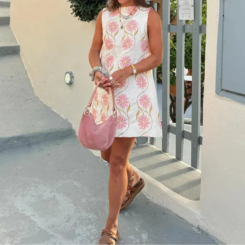 Women's Sleeveless Mini Dress with Pink Floral Allover Print