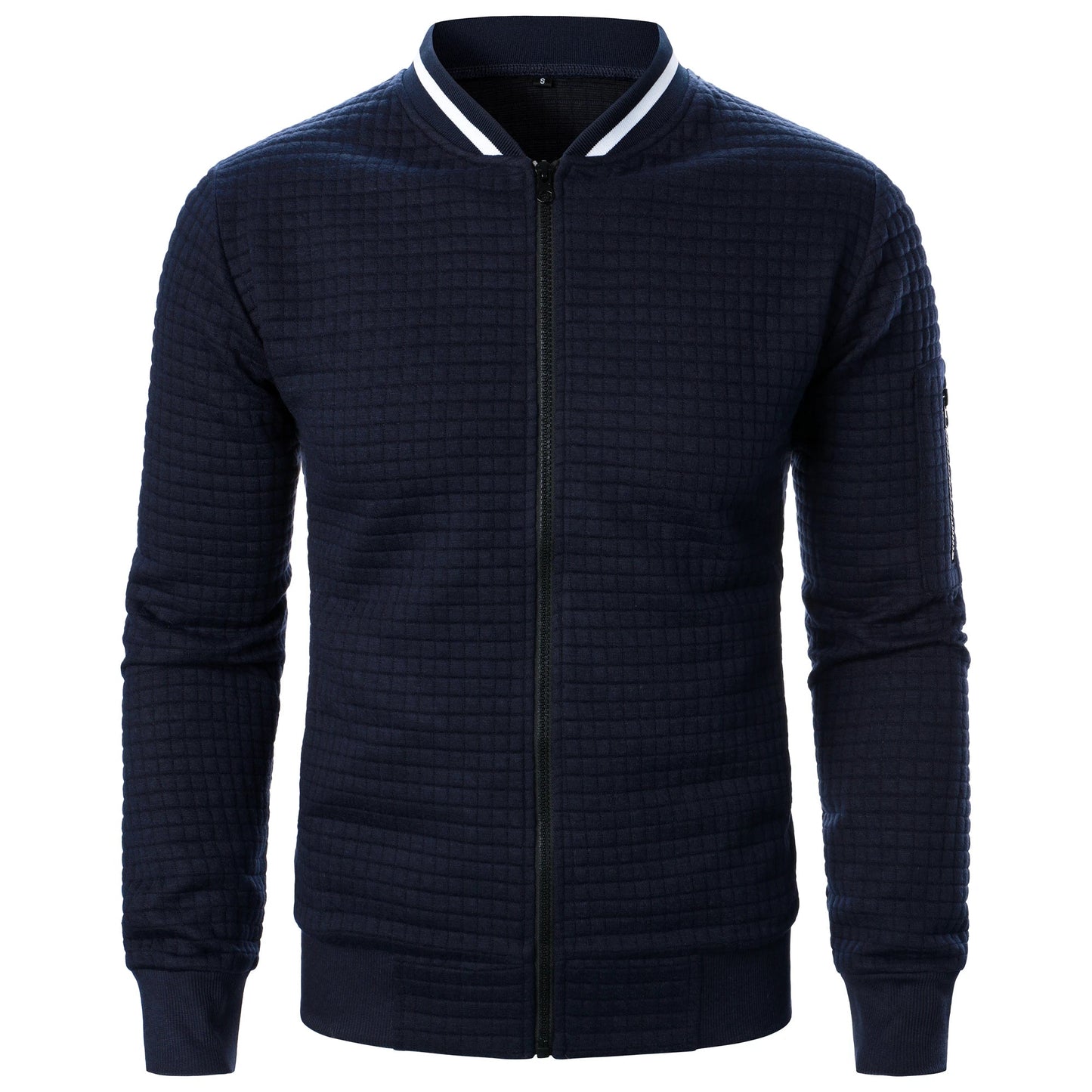 Men's Zip-Up Stand Collar Cardigan Jacket with Quilted Texture