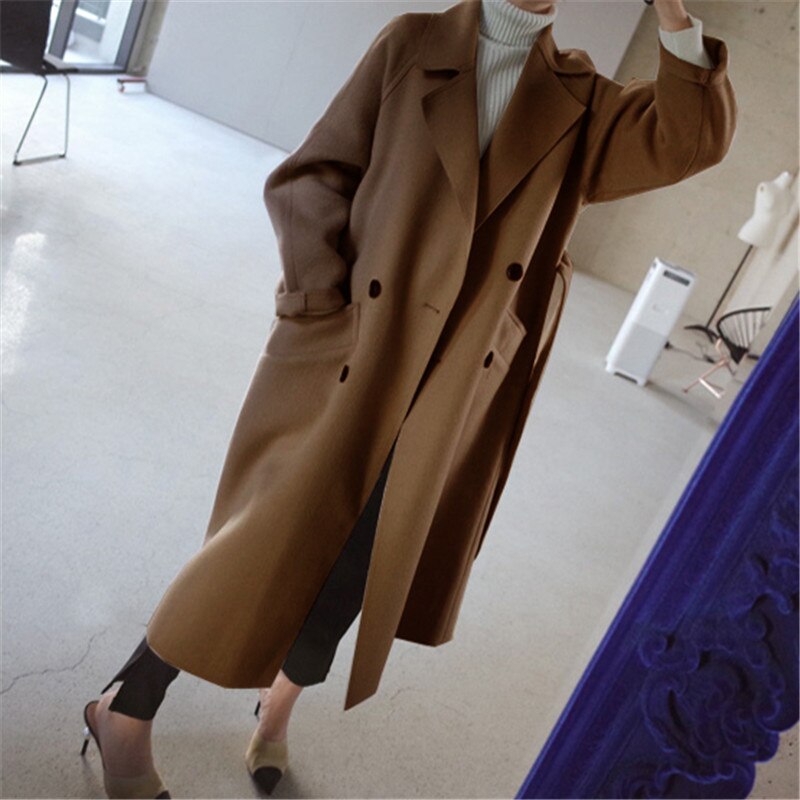Women's Belted Longline Coat with Oversized Lapels and Pockets