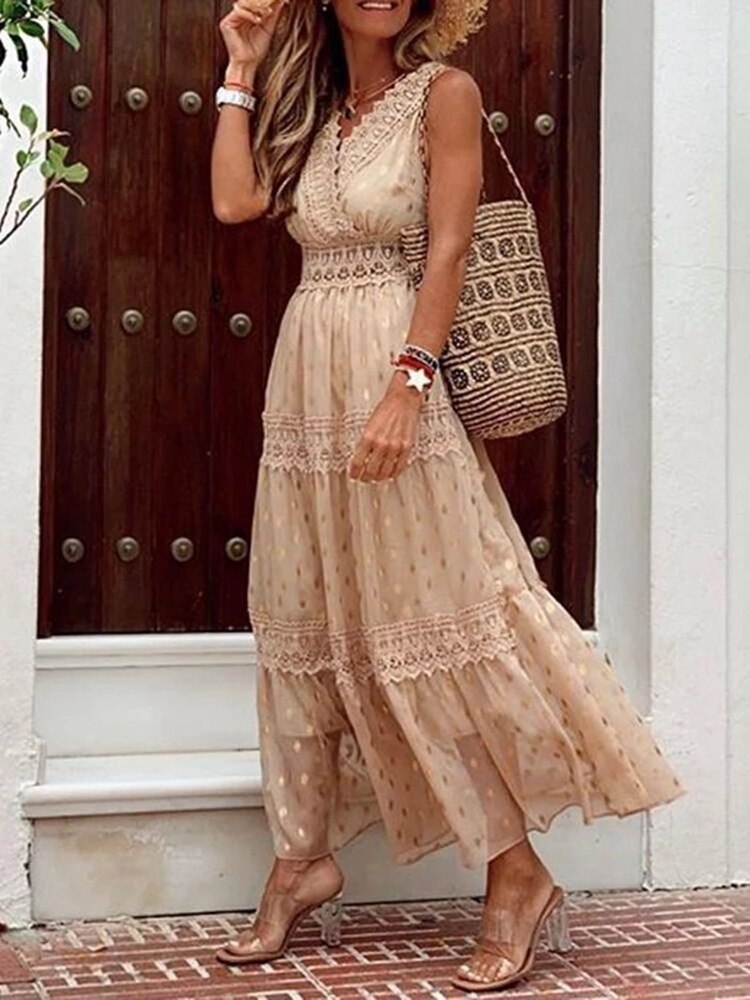 Women's Sleeveless Maxi Dress with Lace and Tiered Skirt