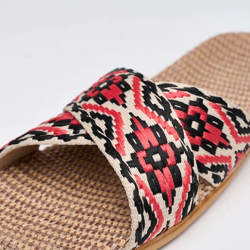 Women's Crisscross Linen Slippers with Flat Sole and Grip