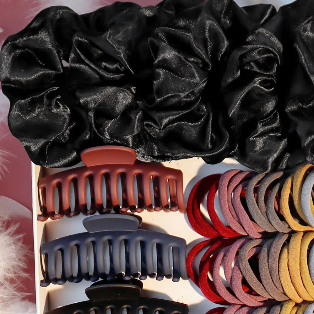 Fashion Hair Accessories Set – Dark Color Hair Claw, Scrunchies & Hair Ties