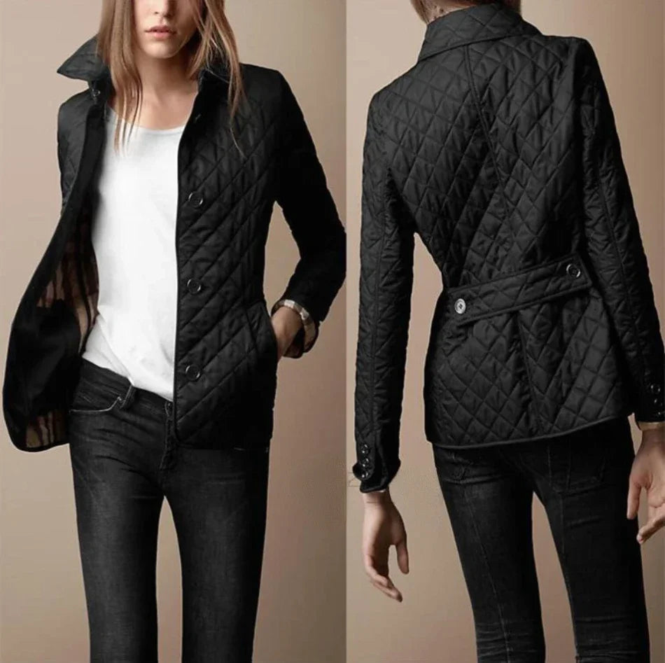 Women's Quilted Button-Up Bomber Jacket with Foldable Cuffs