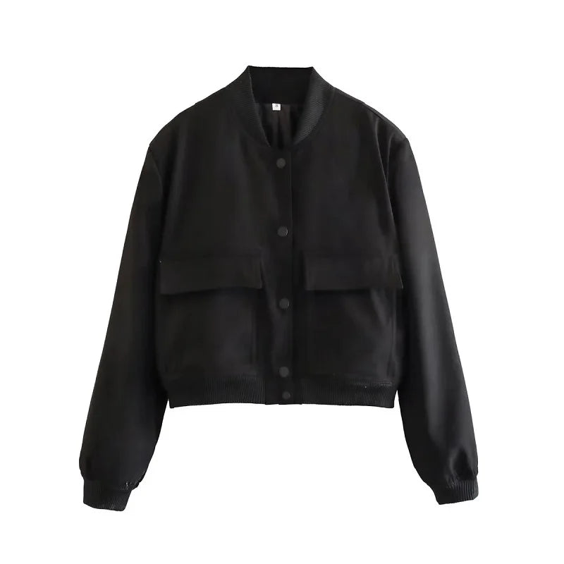 Women's Cropped Bomber Jacket with Snap Buttons and Utility Pockets