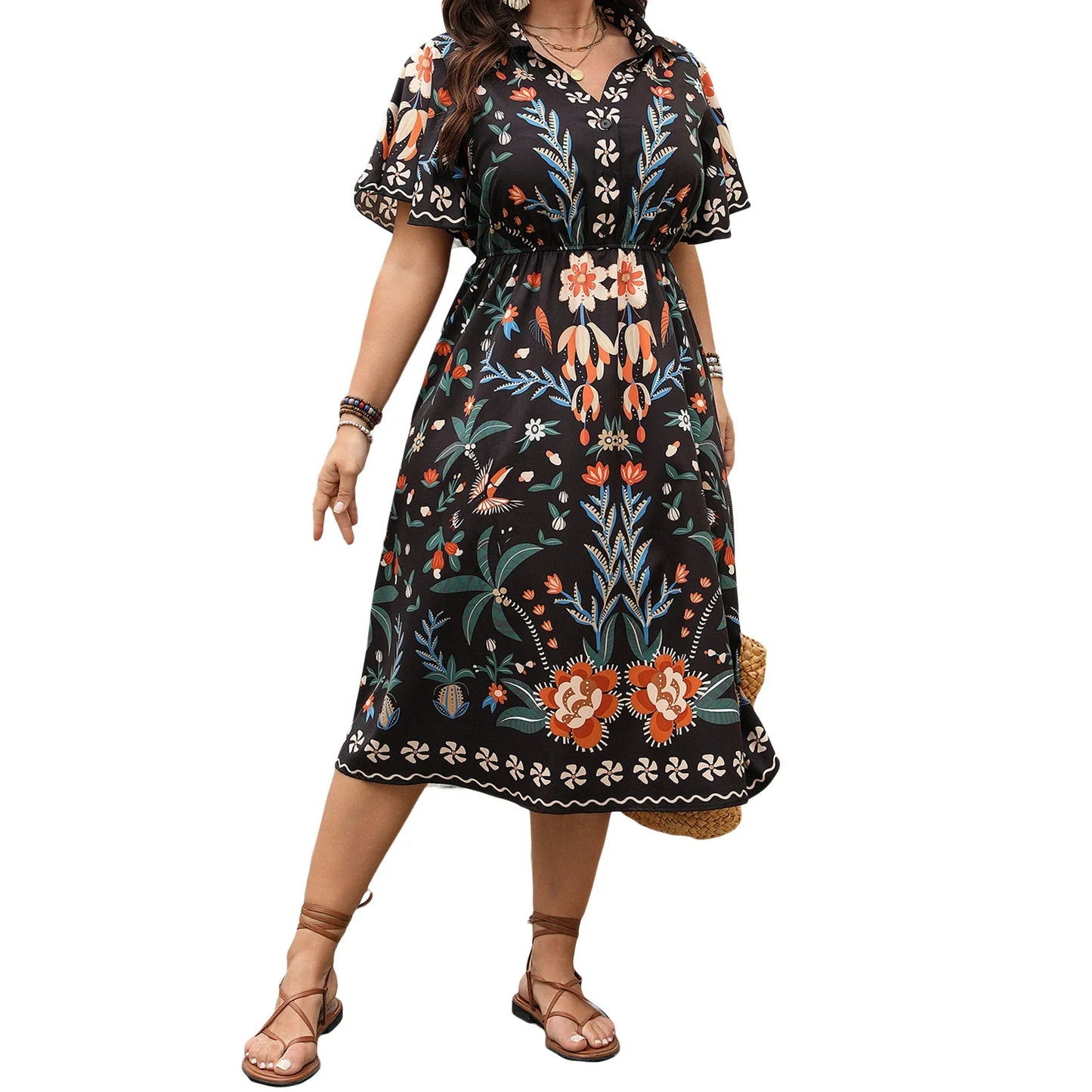 Women's Plus Size V-Neck Maxi Dress with Floral Boho Print Style