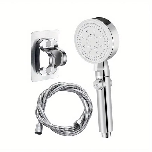 Adjustable Silver High-Pressure Shower Head with Stop Switch, Hose & Holder