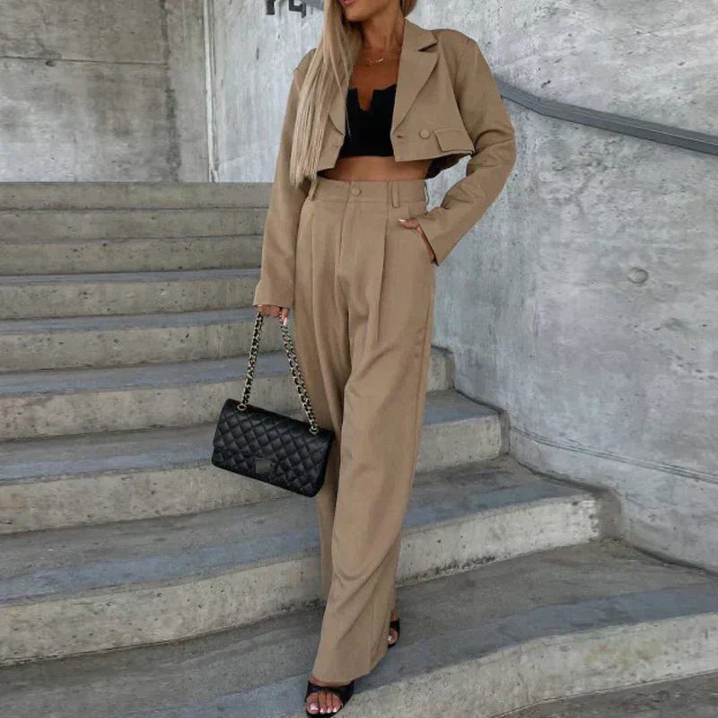 Women's Cropped Blazer and Wide-Leg Pants Two-Piece Suit Set