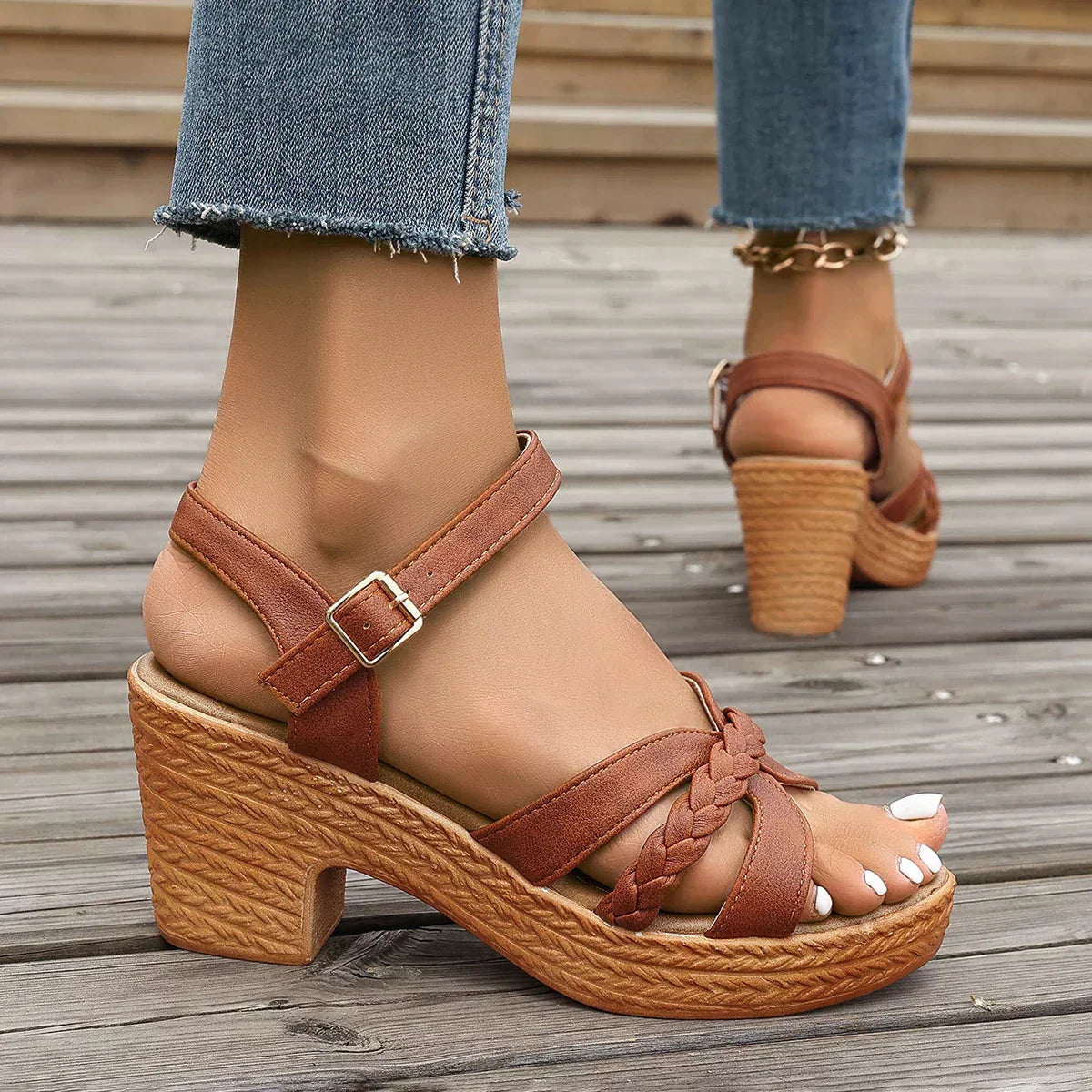 Women's Platform Block Heel Sandals with Braided Front Straps