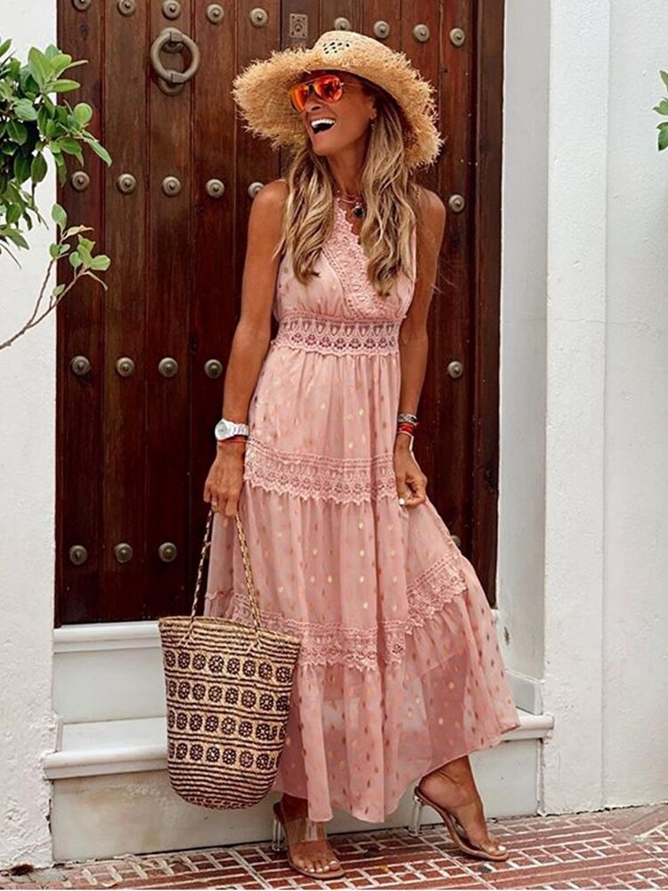 Women's Sleeveless Maxi Dress with Lace and Tiered Skirt