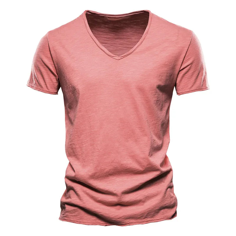 Men's Slim Fit V-Neck T-Shirt with Short Sleeves and Wrinkle Look