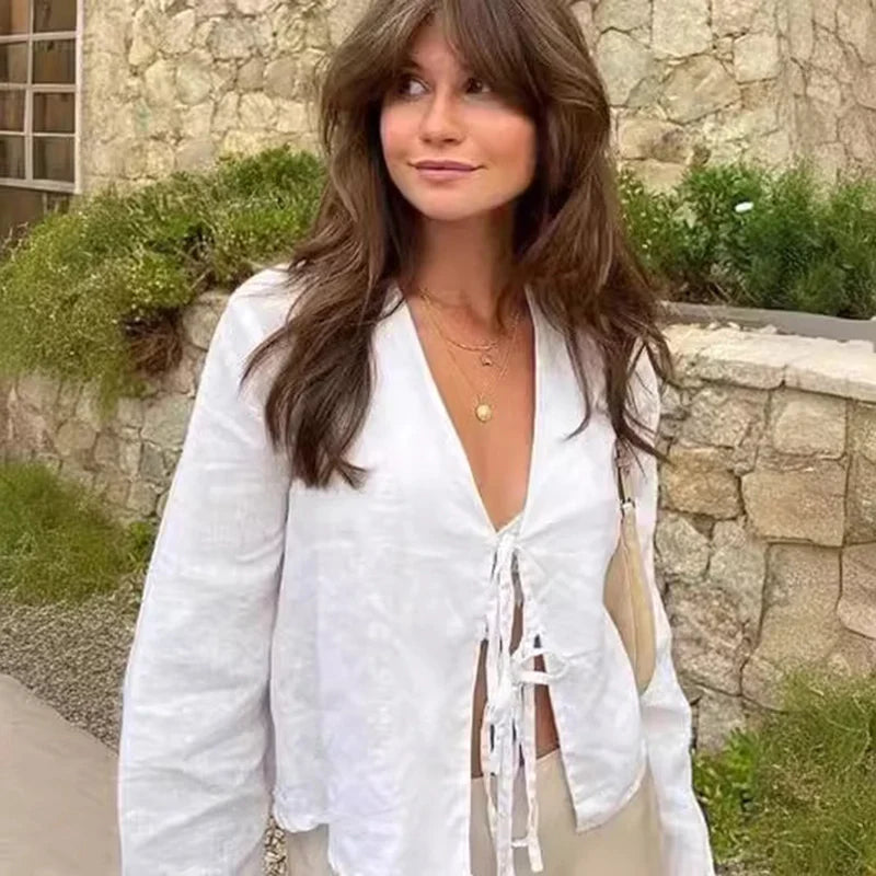 Women's Lace-Up V Neck Long Sleeve Top with Loose Fit and Tie Front