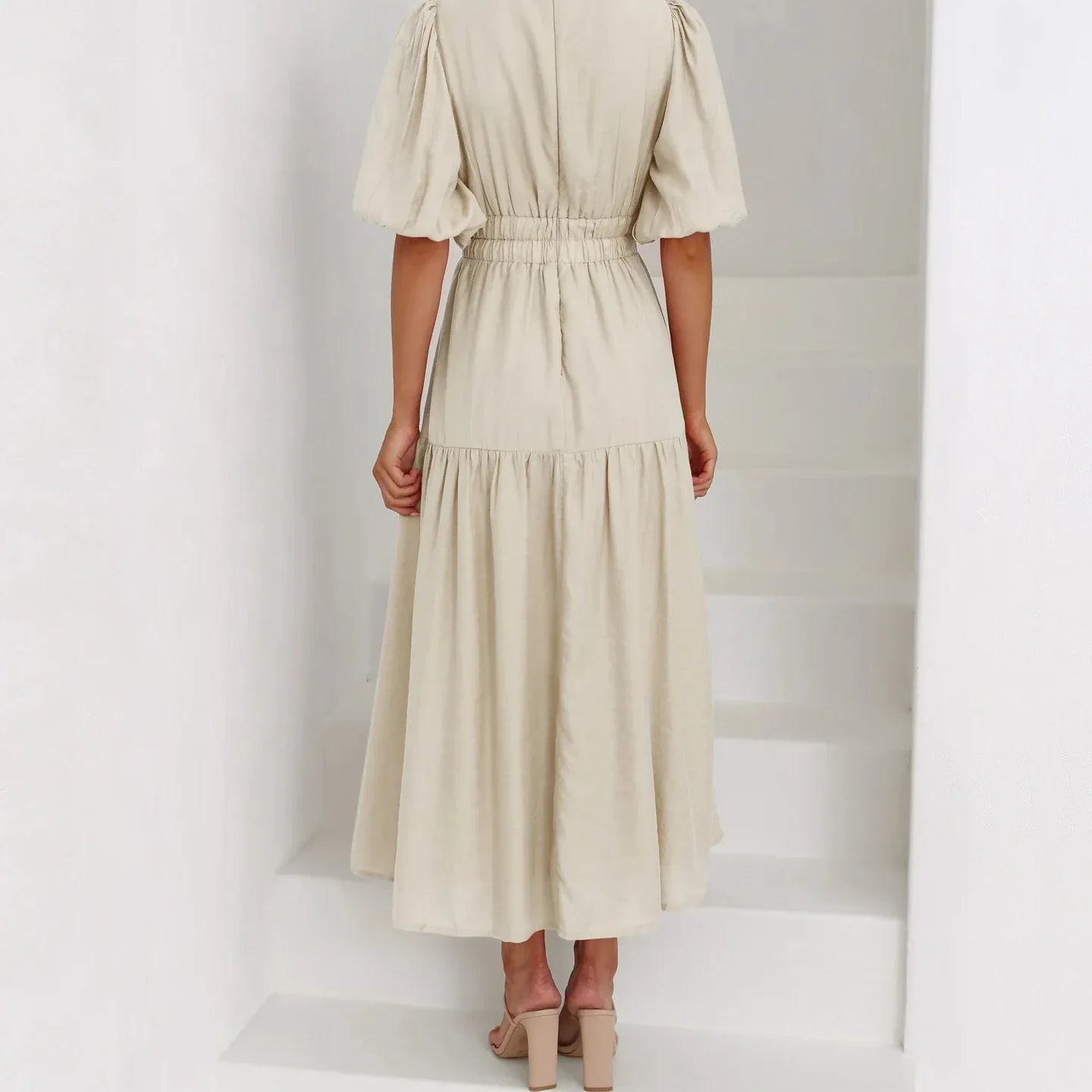 Women's Puff Sleeve Maxi Dress with V-Neck and High Waist