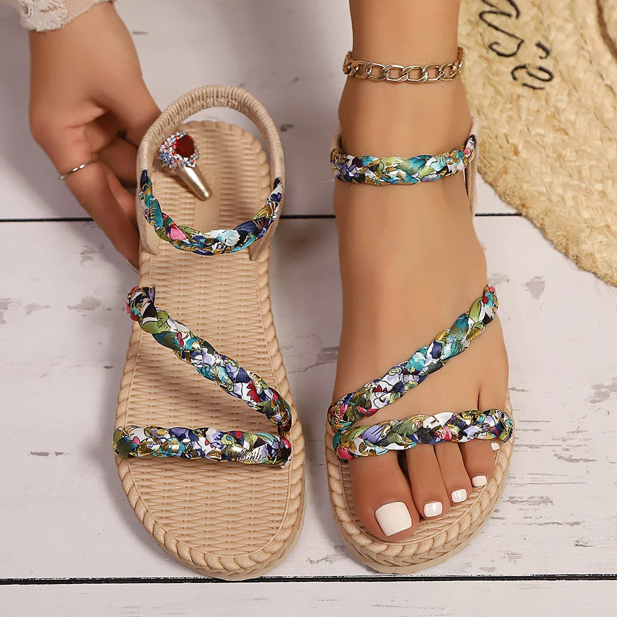 Women's Braided Strap Flat Sandals with Boho-Inspired Details