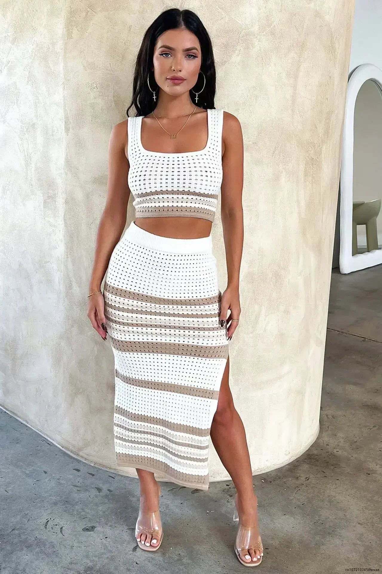 Women's Knitted Two-Piece Set with Sleeveless Crop Top and Skirt