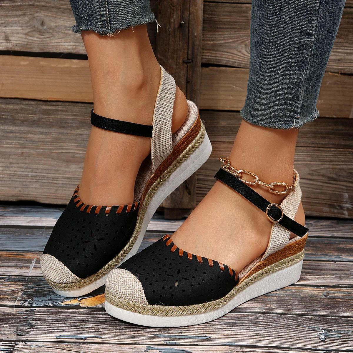Women's Closed-Toe Espadrilles with Ankle Strap and Wedge Sole